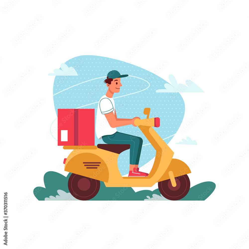 Delivery courier on scooter moped with parcel, delivering express order, vector flat cartoon isolate