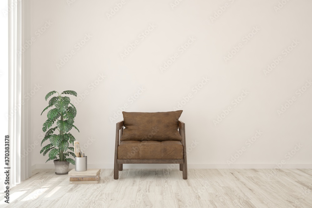 White living room with armchair. Scandinavian interior design. 3D illustration