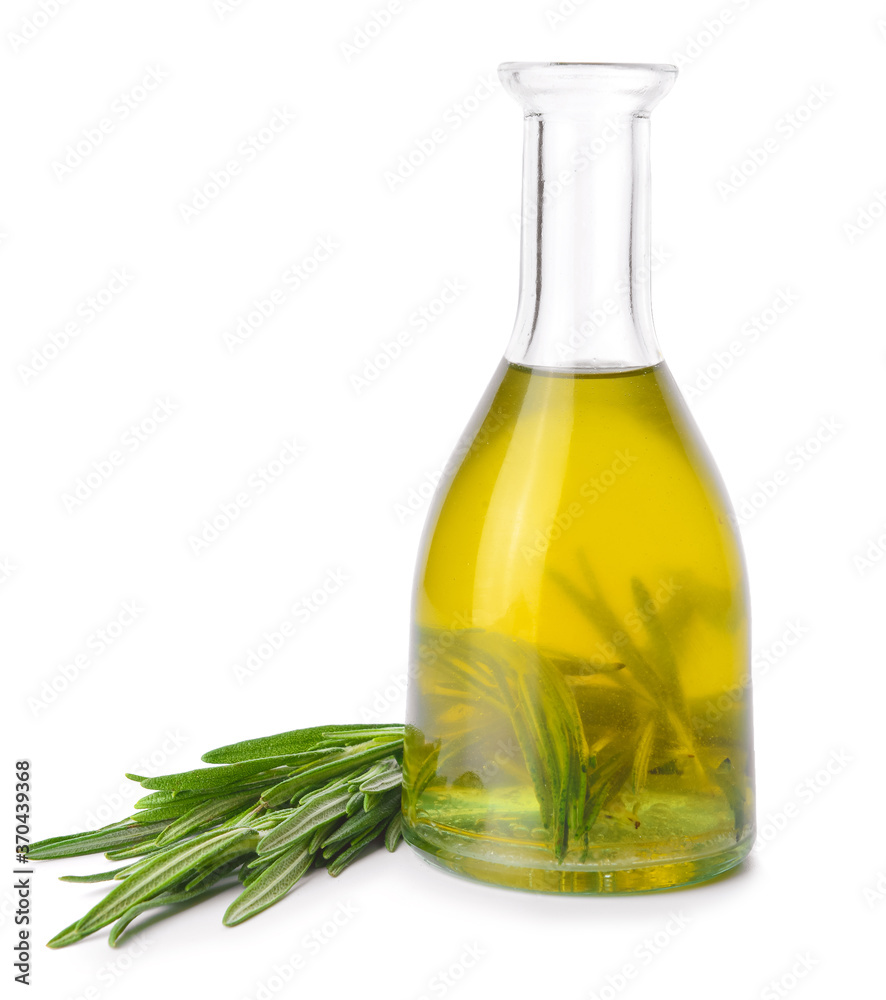 Bottle of rosemary oil on white background