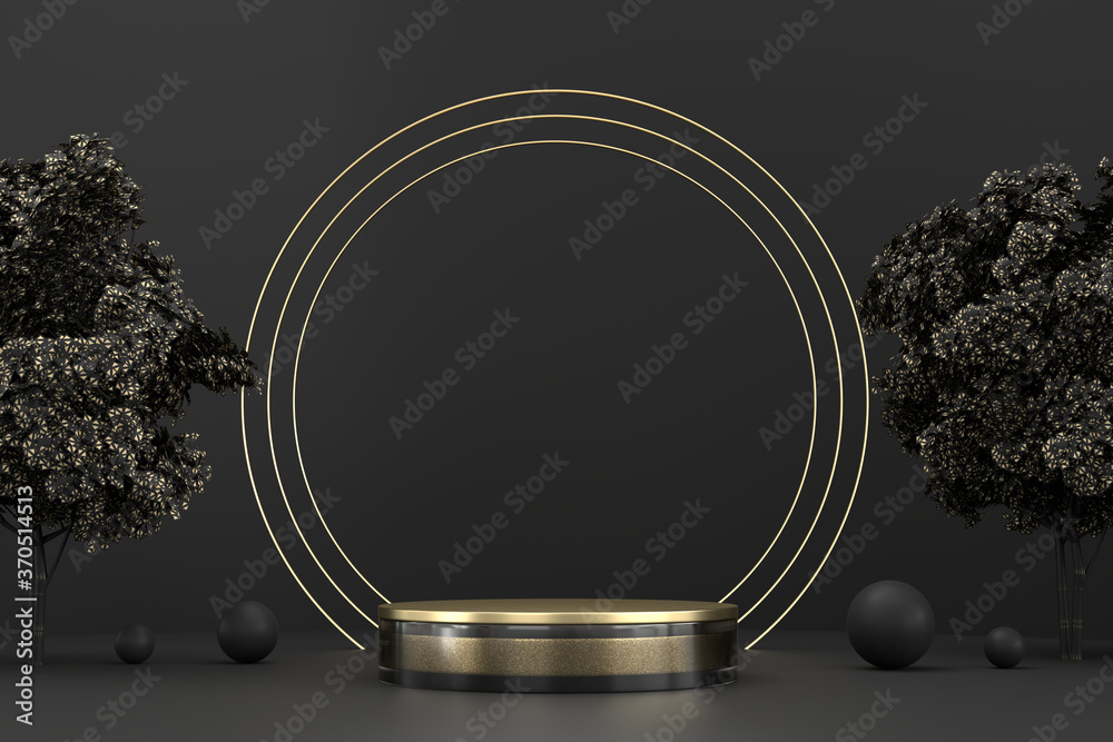 Abstract black and gold stage platform podium, for advertising product display, 3d rendering.