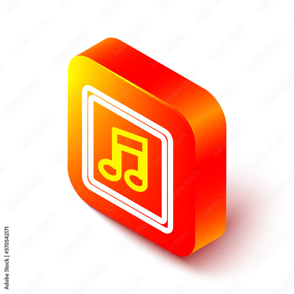 Isometric line Music note, tone icon isolated on white background. Orange square button. Vector Illu