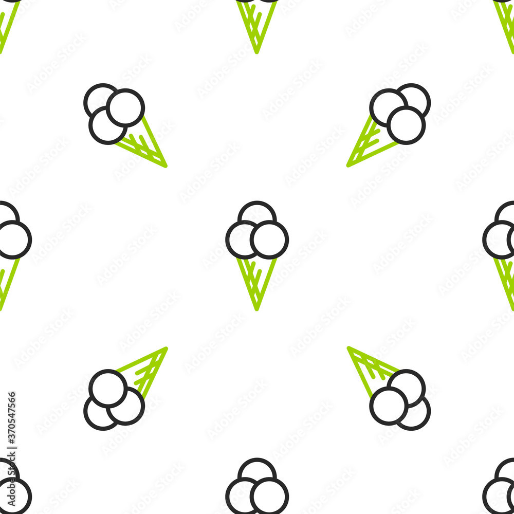 Line Ice cream in waffle cone icon isolated seamless pattern on white background. Sweet symbol. Vect