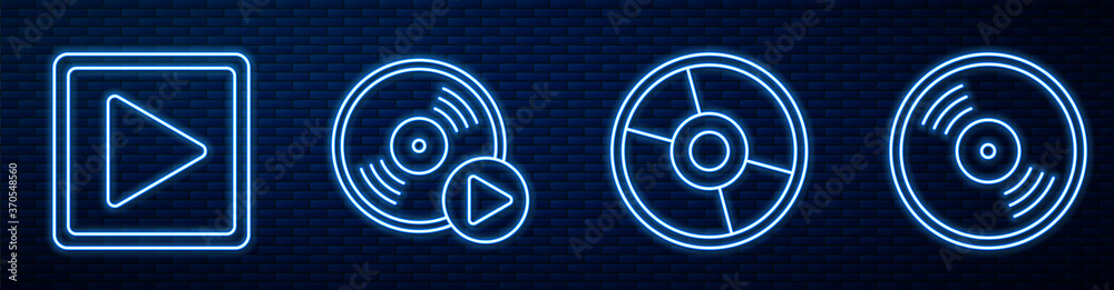 Set line CD or DVD disk, Play in square, Vinyl disk, Vinyl disk and Laptop with music note. Glowing 