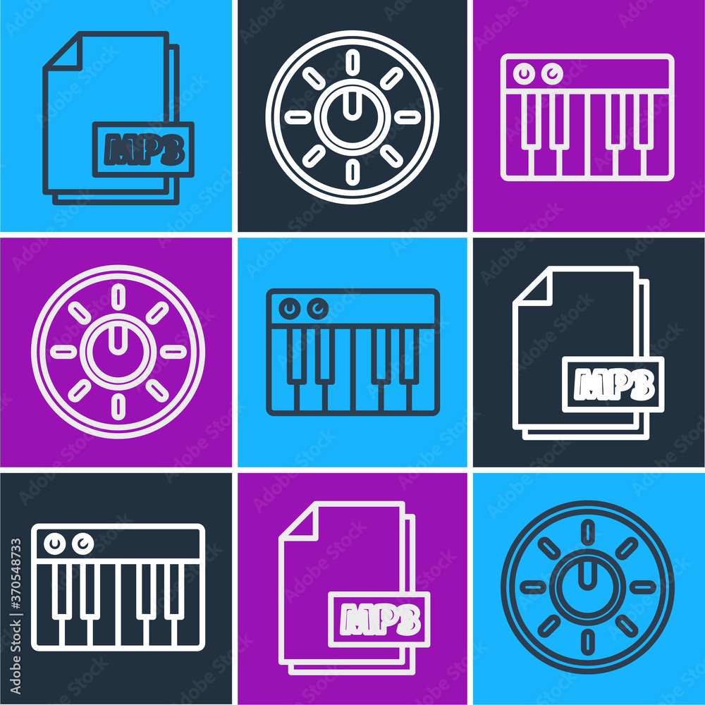 Set line MP3 file document, Music synthesizer and Dial knob level technology settings icon. Vector.