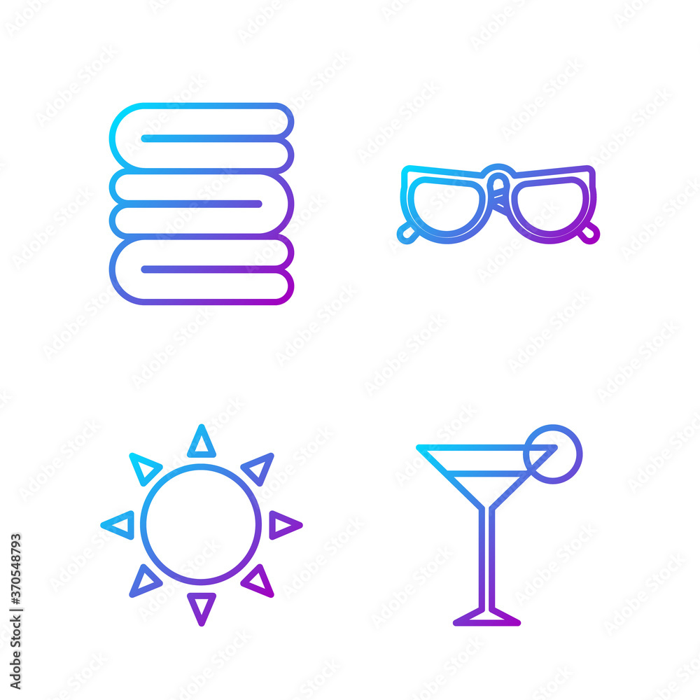 Set line Martini glass, Sun, Towel stack and Glasses. Gradient color icons. Vector.