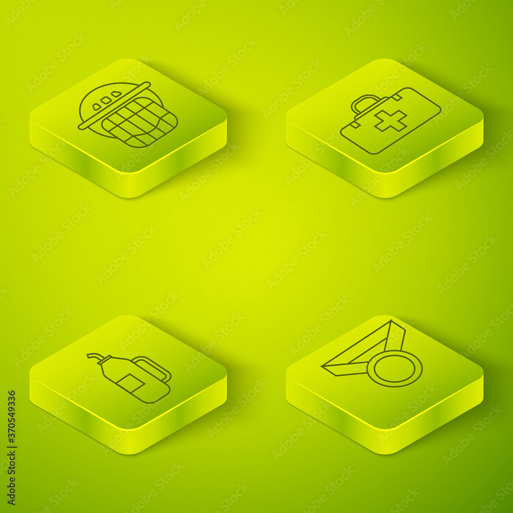 Set Isometric First aid kit, Fitness shaker, Medal and Hockey helmet icon. Vector.