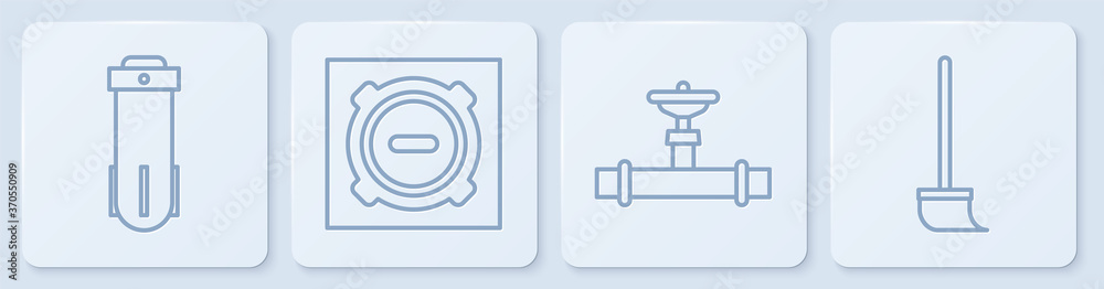 设线滤水器、工业管道和阀门、下水道井盖和拖把。白色方形按钮。Ve