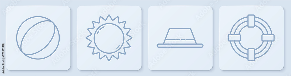 设线沙滩球，带缎带的男子帽，太阳和救生圈。白色方形按钮。矢量。