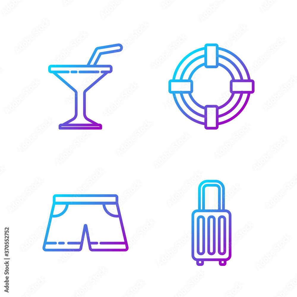 Set line Suitcase, Swimming trunks, Martini glass and Lifebuoy. Gradient color icons. Vector.