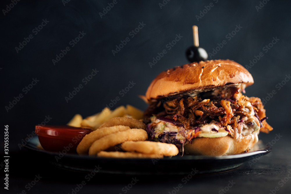 Burger at fast food restaurant.