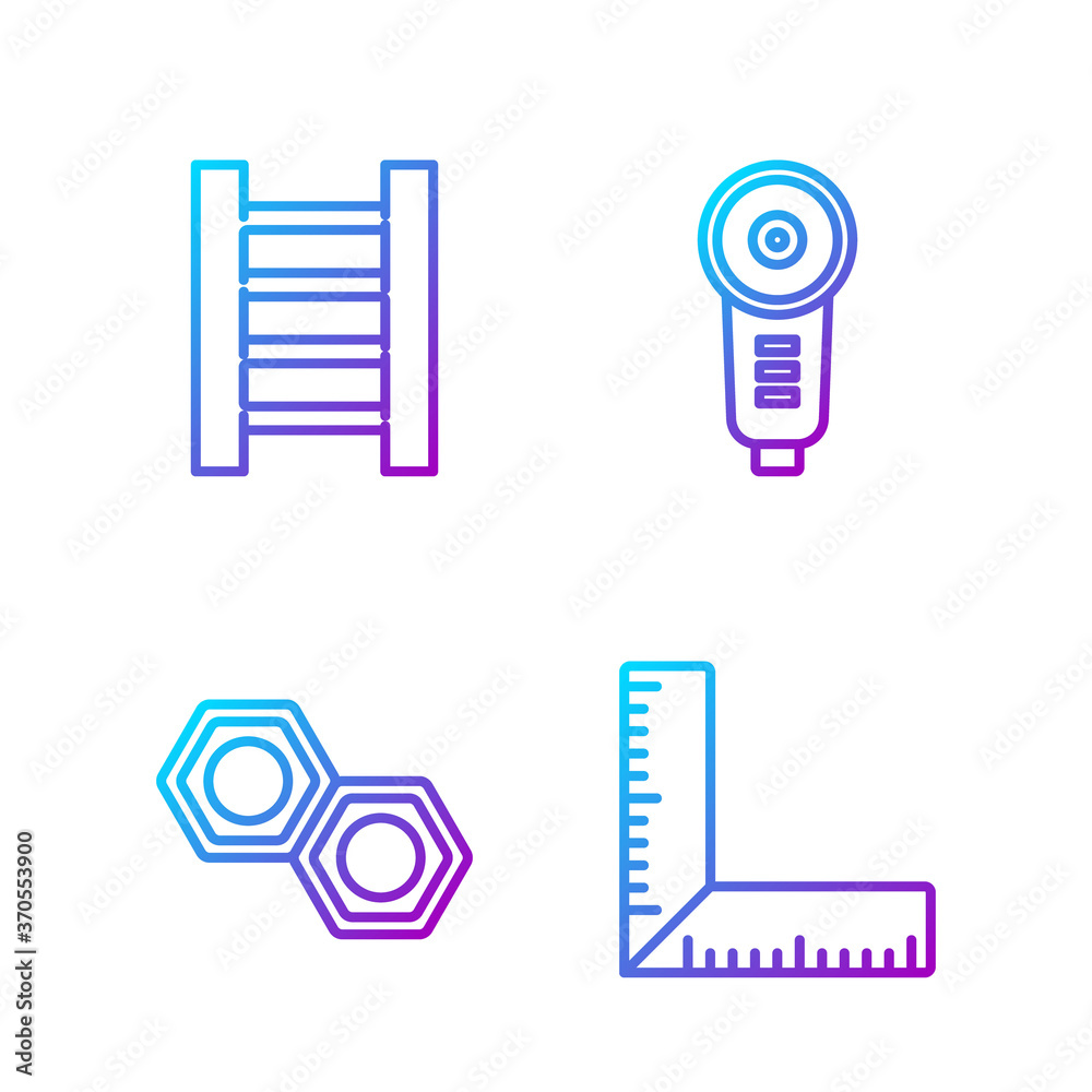 设定线角尺，六角金属螺母，木制楼梯和角磨机。渐变色图标