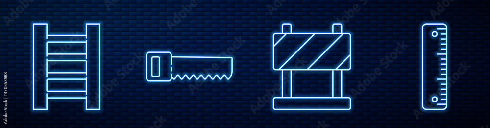 设置路障、木楼梯、手锯和尺子。砖墙上闪闪发光的霓虹灯图标。矢量