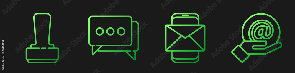 Set line Mobile and envelope, Stamp, Speech bubble chat and Mail and e-mail in hand. Gradient color 