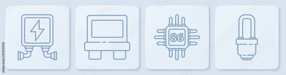 设置线路电力变压器、带微处理器的处理器、CPU、保险丝和LED灯泡。白色squa