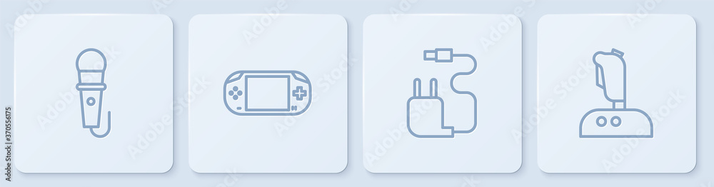 用于街机的设置线麦克风、充电器、便携式视频游戏机和操纵杆。白色squ