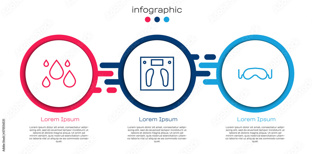 设置线水滴、浴室秤和眼罩。商业信息图模板。矢量。