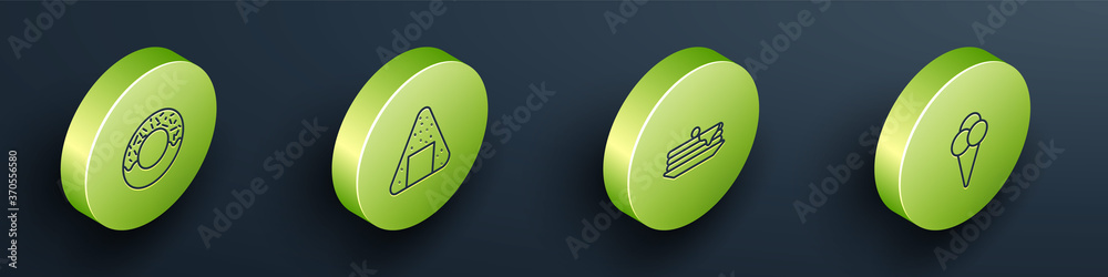 Set Isometric Donut, Onigiri, Stack of pancakes and Ice cream in waffle cone icon. Vector.