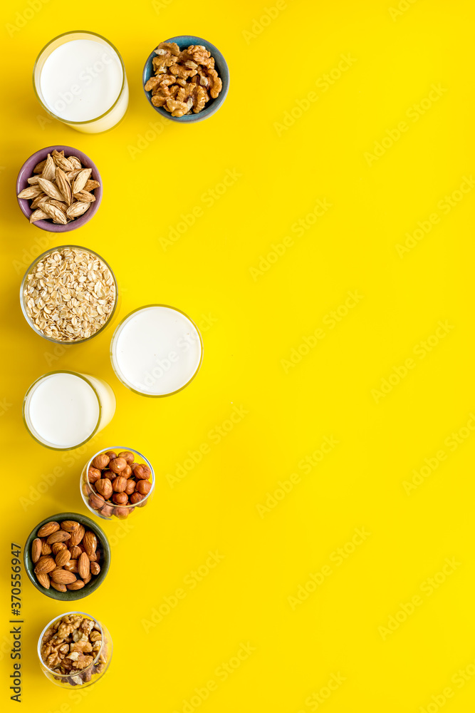 Top view of non-dairy lactose free milk with nuts