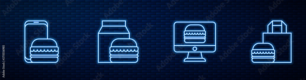 在线订购和配送、汉堡和。砖墙上闪闪发光的霓虹灯图标。矢量。