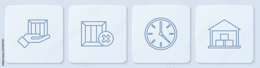 设置带盒子、时钟、木制删除和仓库的送货手。白色方形按钮。矢量。