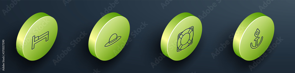 Set Isometric Bed, Elegant women hat, Lifebuoy and Anchor icon. Vector.