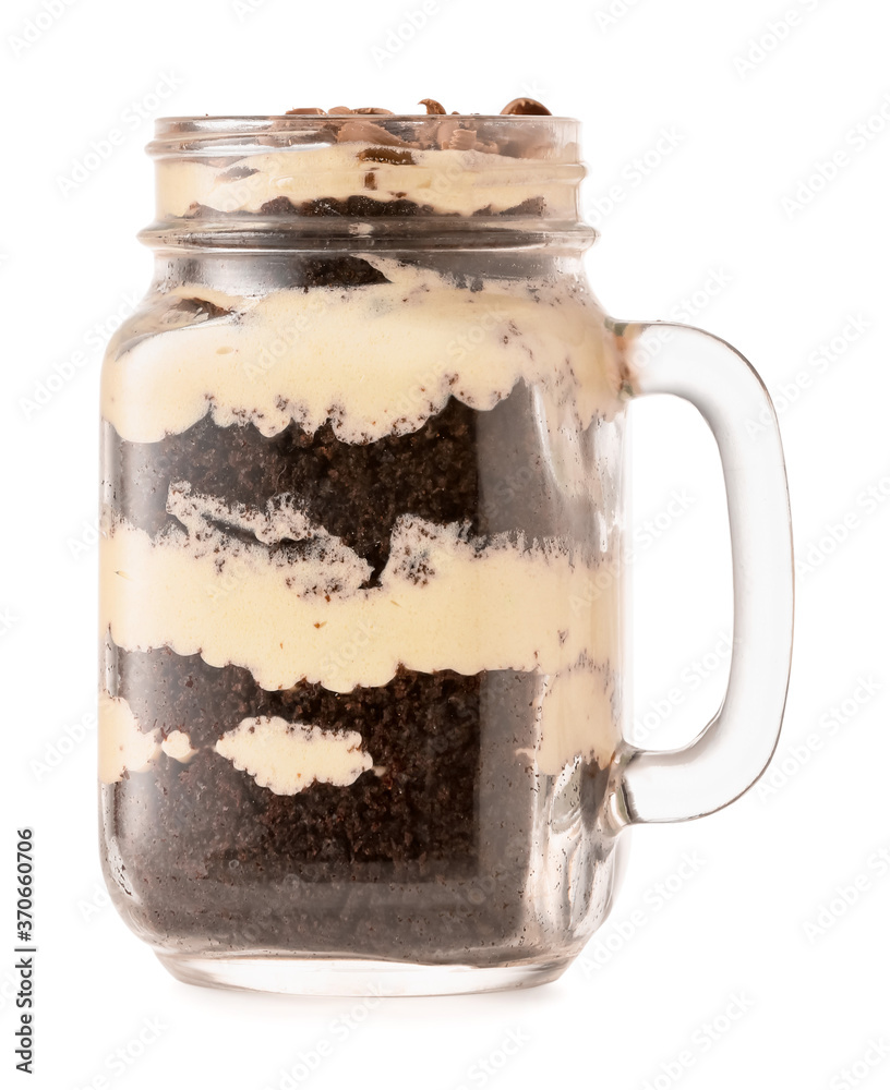 Delicious cupcake in jar on white background