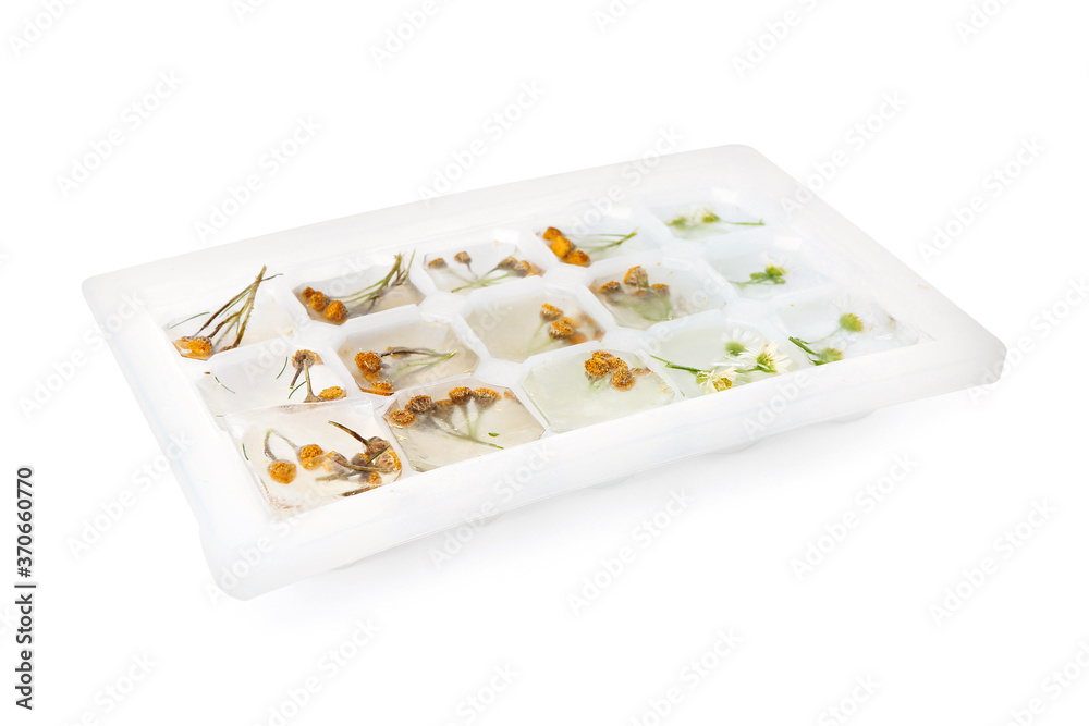 Tray with frozen flowers in ice on white background