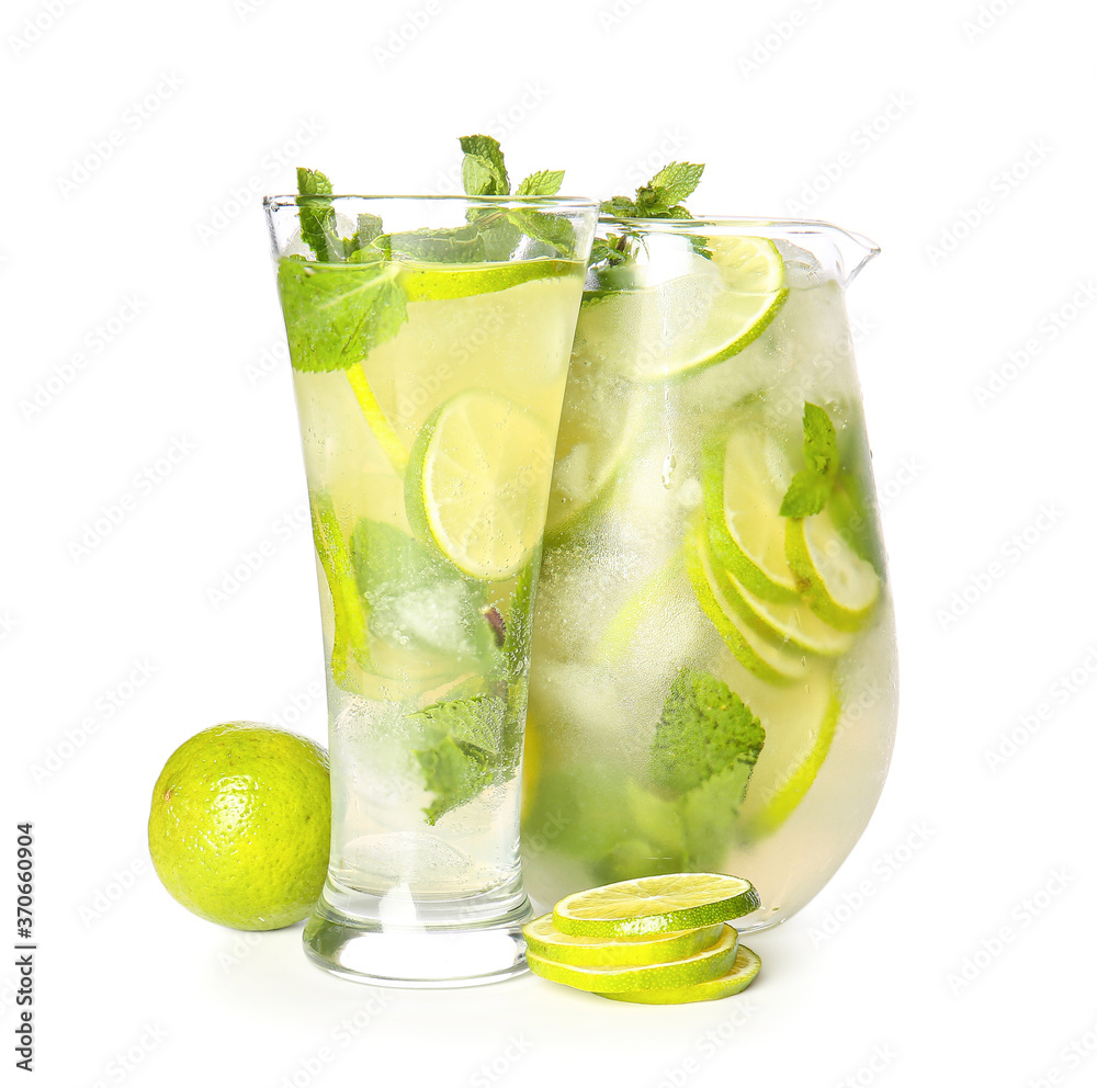 Glassware of fresh mojito on white background