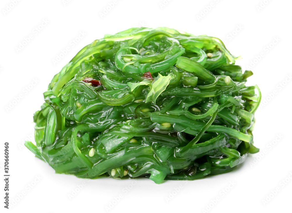 Tasty seaweed salad on white background