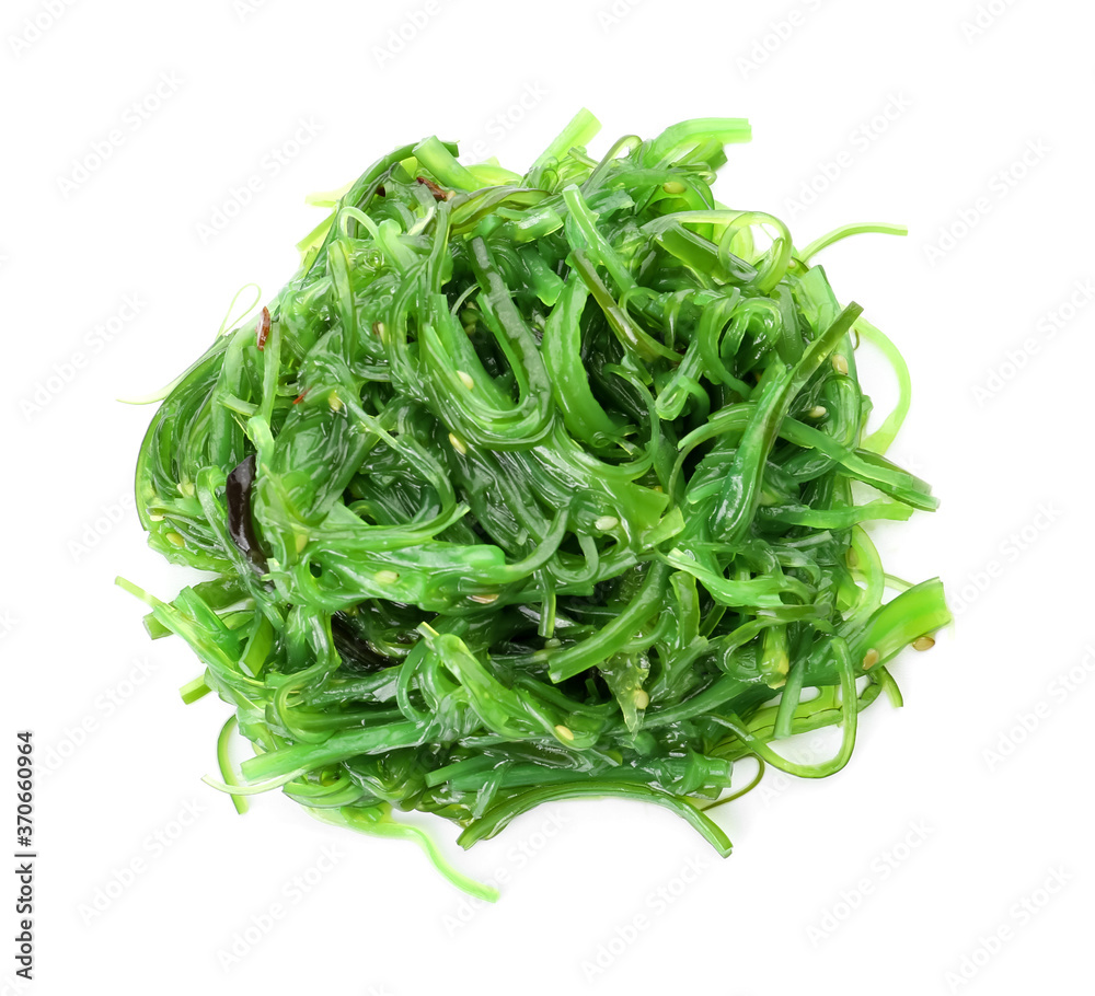 Tasty seaweed salad on white background