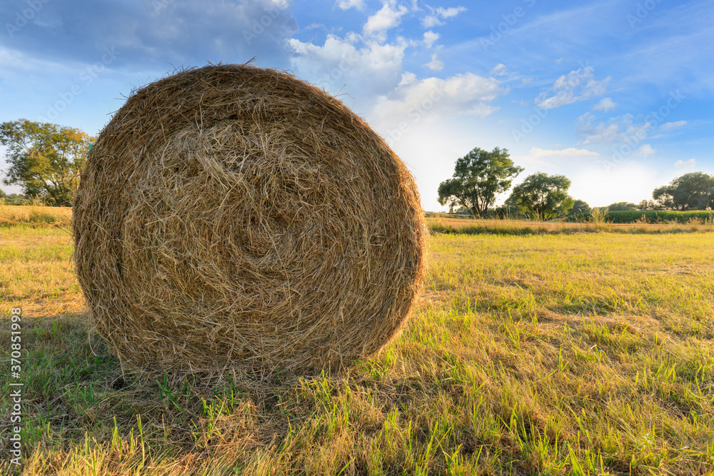 A haystack in a farm field on a sunny august evening