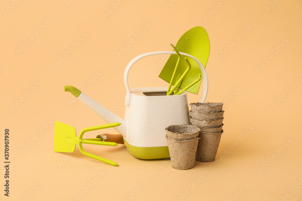 Gardening tools on color background