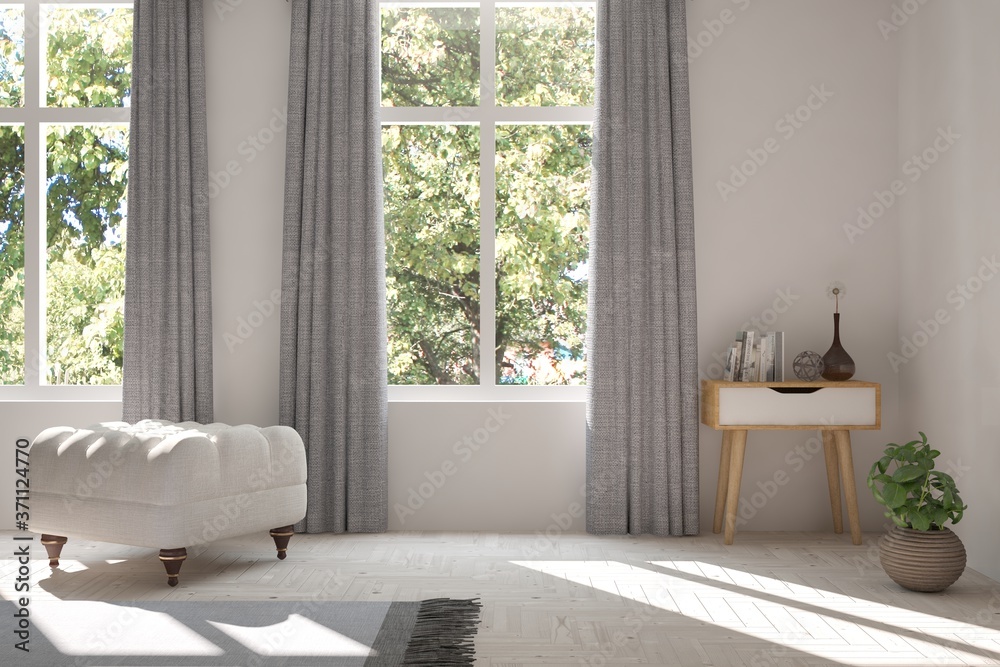 Idea of white stylish minimalist room with armchair and summer landscape in window. Scandinavian int