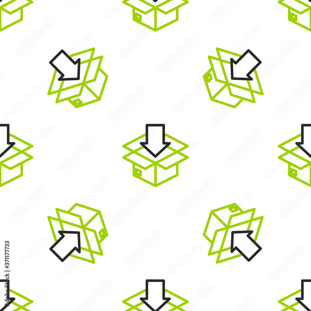 Line Cardboard box with traffic symbol icon isolated seamless pattern on white background. Box, pack