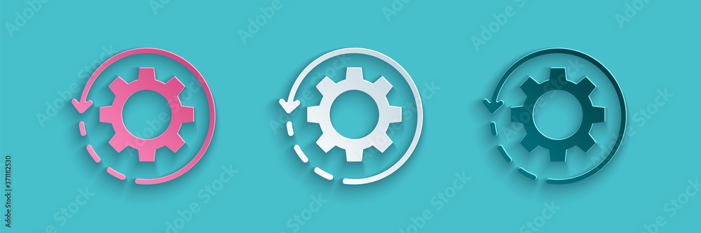 Paper cut Gear and arrows as workflow concept icon isolated on blue background. Gear reload sign. Pa