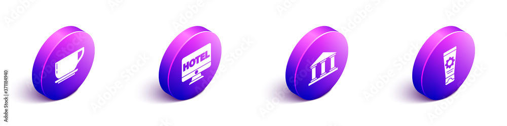 Set Isometric Coffee cup, Online hotel booking, Museum building and Sunscreen cream in tube icon. Ve