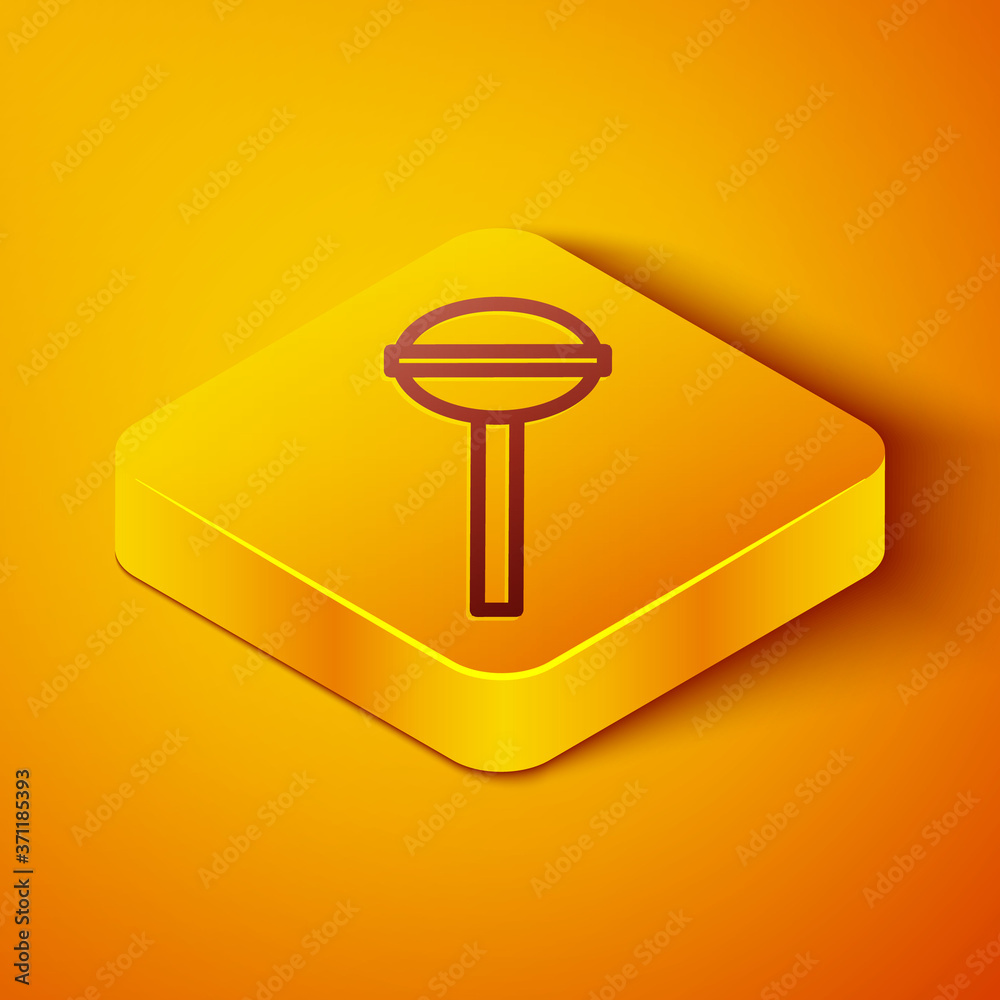 Isometric line Lollipop icon isolated on orange background. Food, delicious symbol. Yellow square bu