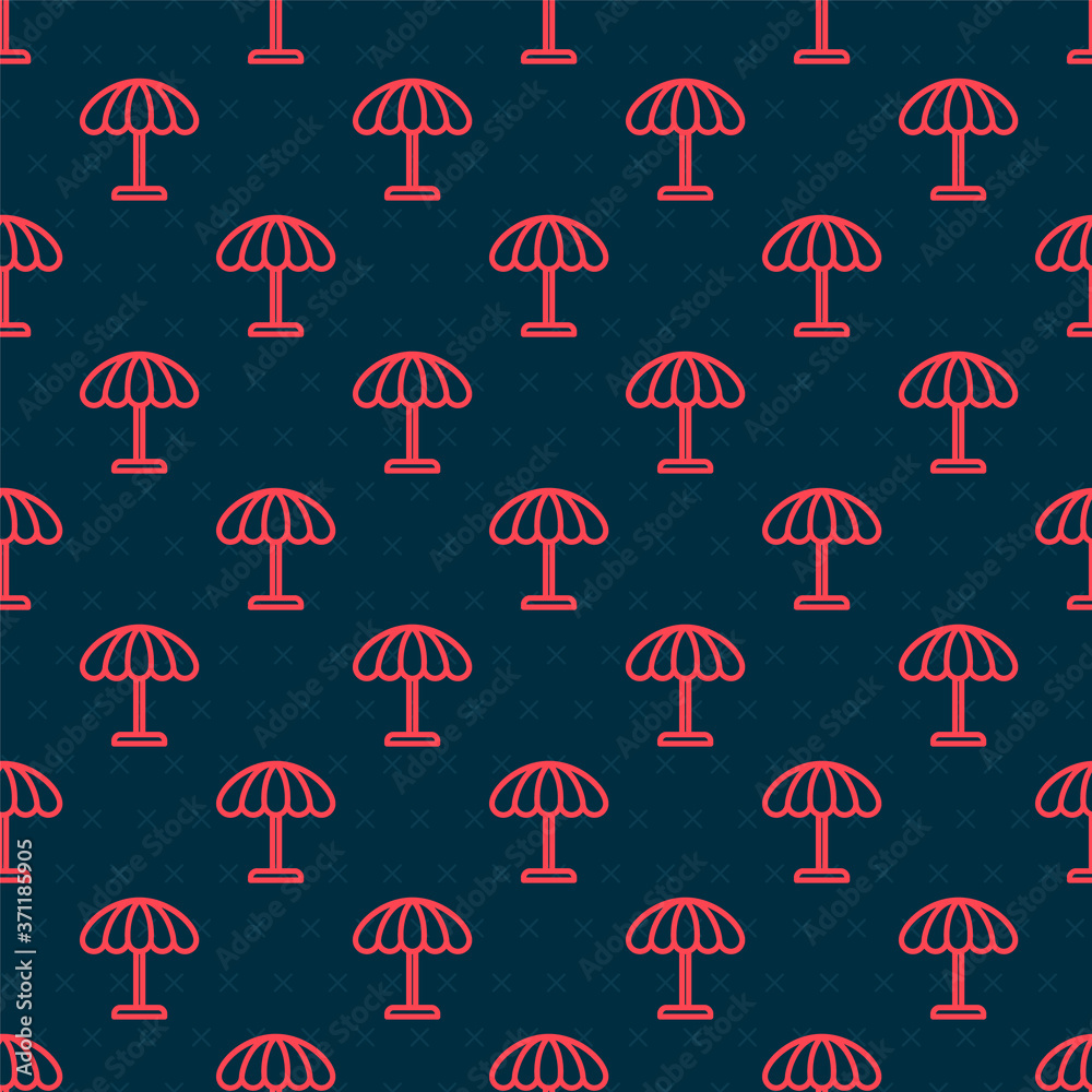 Red line Sun protective umbrella for beach icon isolated seamless pattern on black background. Large