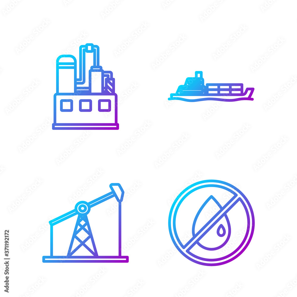 Set line No oil drop, Oil pump or pump jack, Oil industrial factory building and Oil tanker ship. Gr