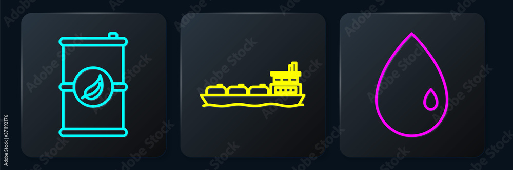 Set line Bio fuel barrel, Oil drop and Oil tanker ship. Black square button. Vector.