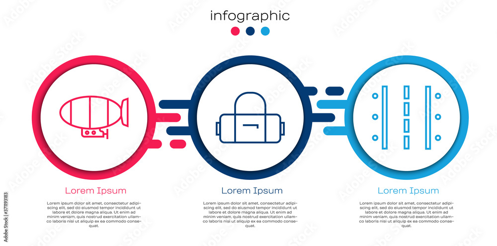 设置航线飞艇、手提箱和机场跑道。商业信息图模板。矢量。
