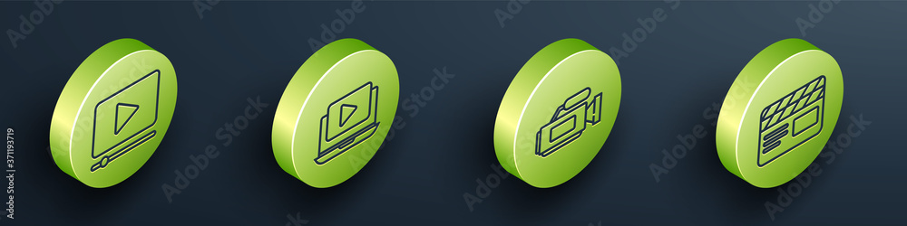 Set Isometric Online play video, Online play video, Cinema camera and Movie clapper icon. Vector.