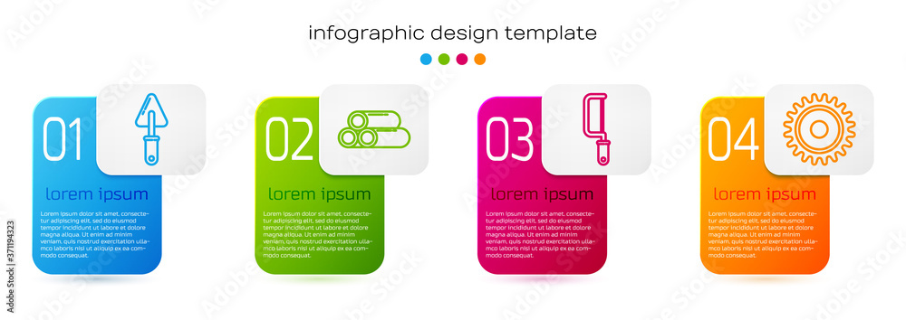 Set line Trowel, Industry metallic pipe, Hacksaw and Circular saw blade. Business infographic templa