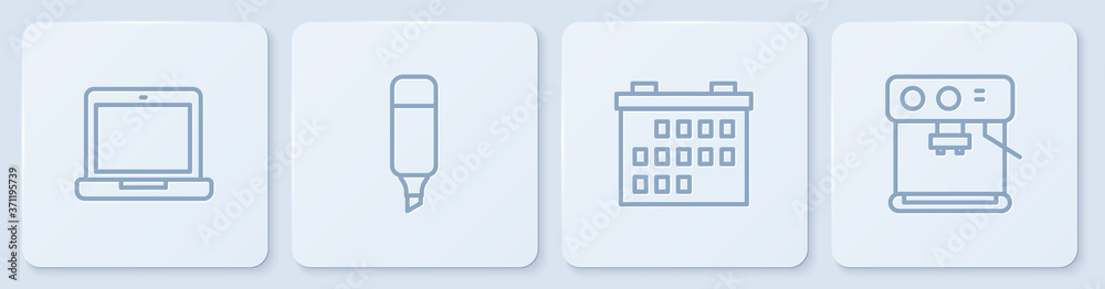 套装笔记本电脑、日历、记号笔和咖啡机。白色方形按钮。矢量。