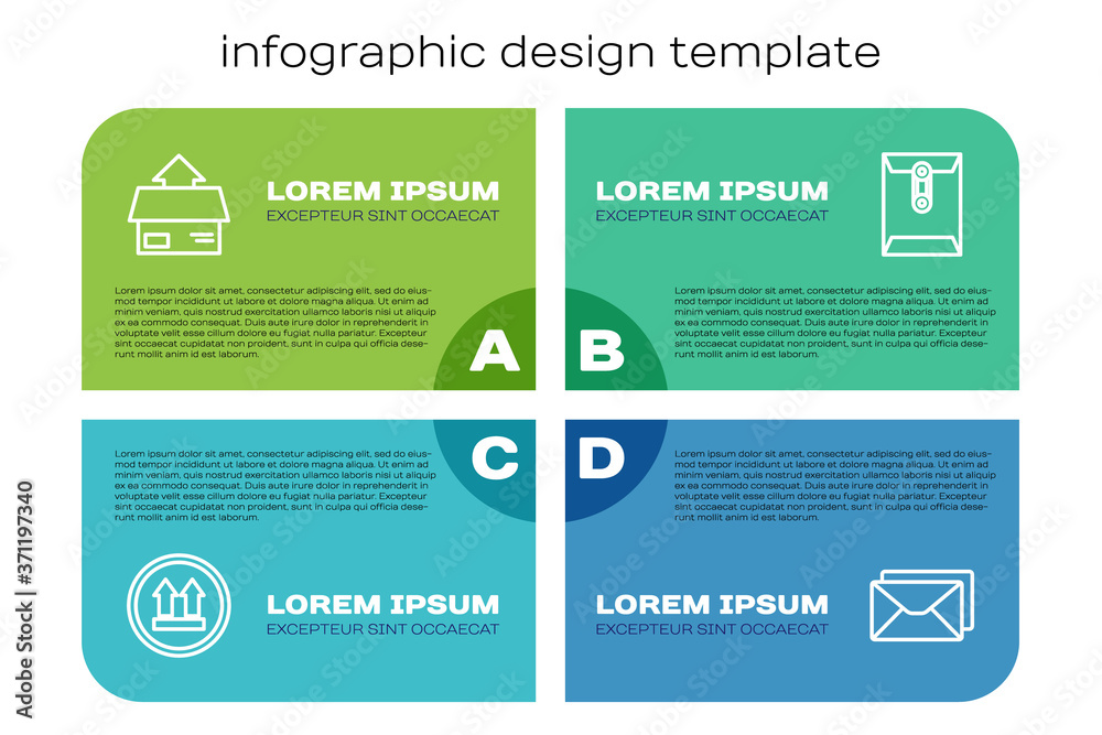设置行此面朝上，纸箱，信封和。商业信息图模板。矢量。