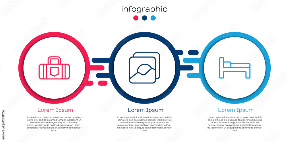 套装系列手提箱、照片和床。商业信息图模板。矢量。