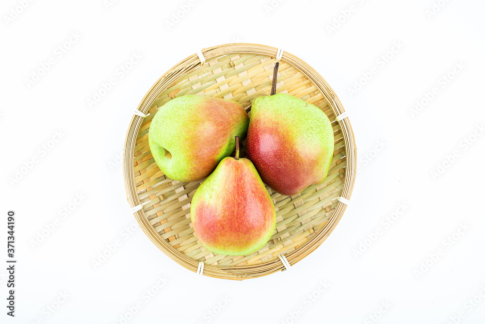 Fresh red crispy pears on white background