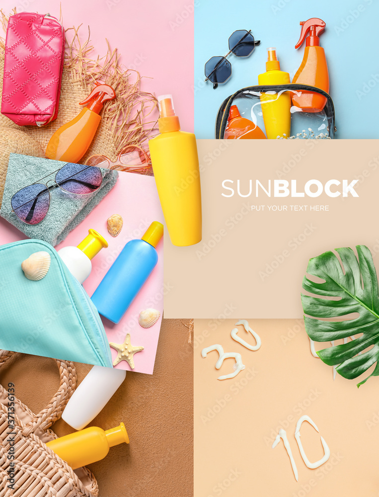 Collage of photos with beach accessories and sunscreen cream