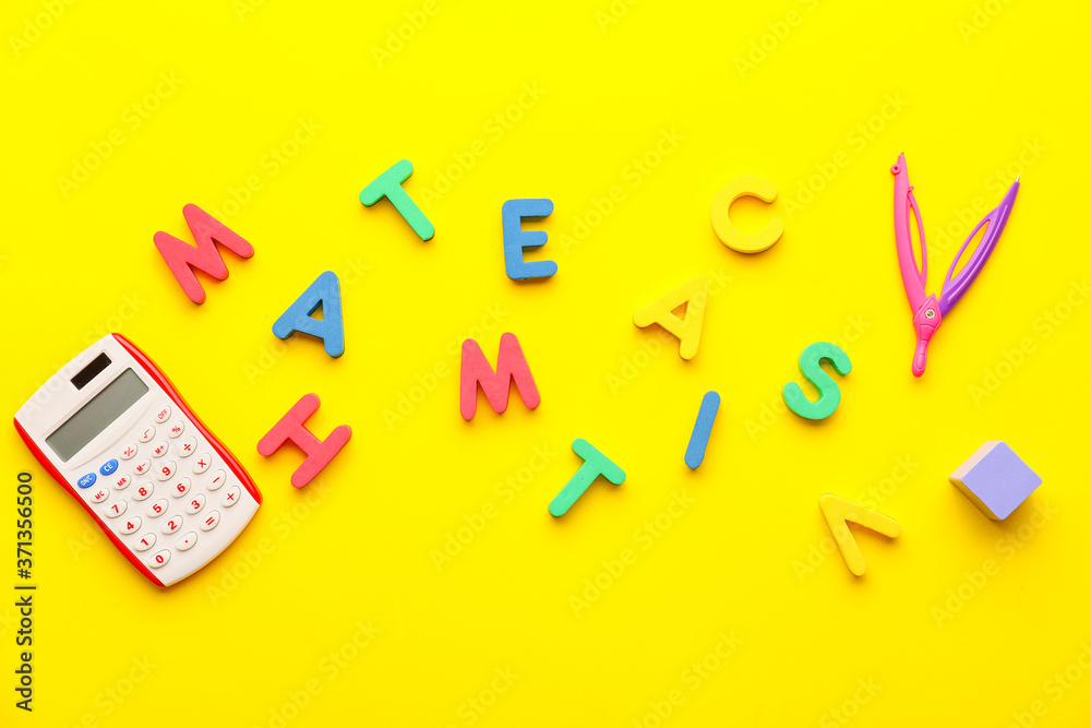 Word MATHEMATICS, pair of compasses and calculator on color background