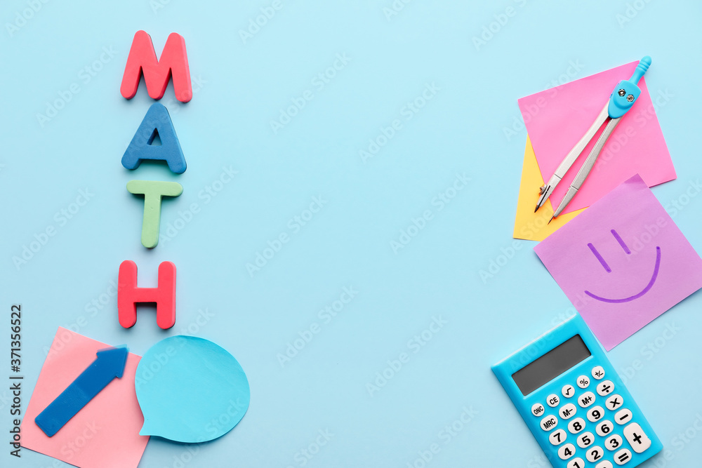 Composition with word MATH and stationery on color background